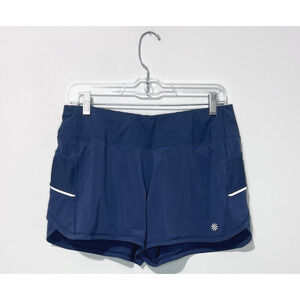 Athleta Ready Set Womens Running Shorts M Teal Drawstring Zip Pockets Logo NWOT